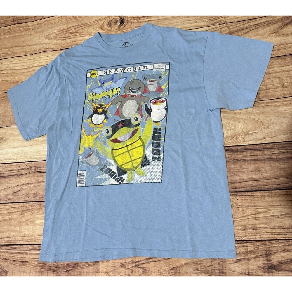 SeaWorld Comic Style T Shirt Size XL Penguin Shark Otter Turtle Blue